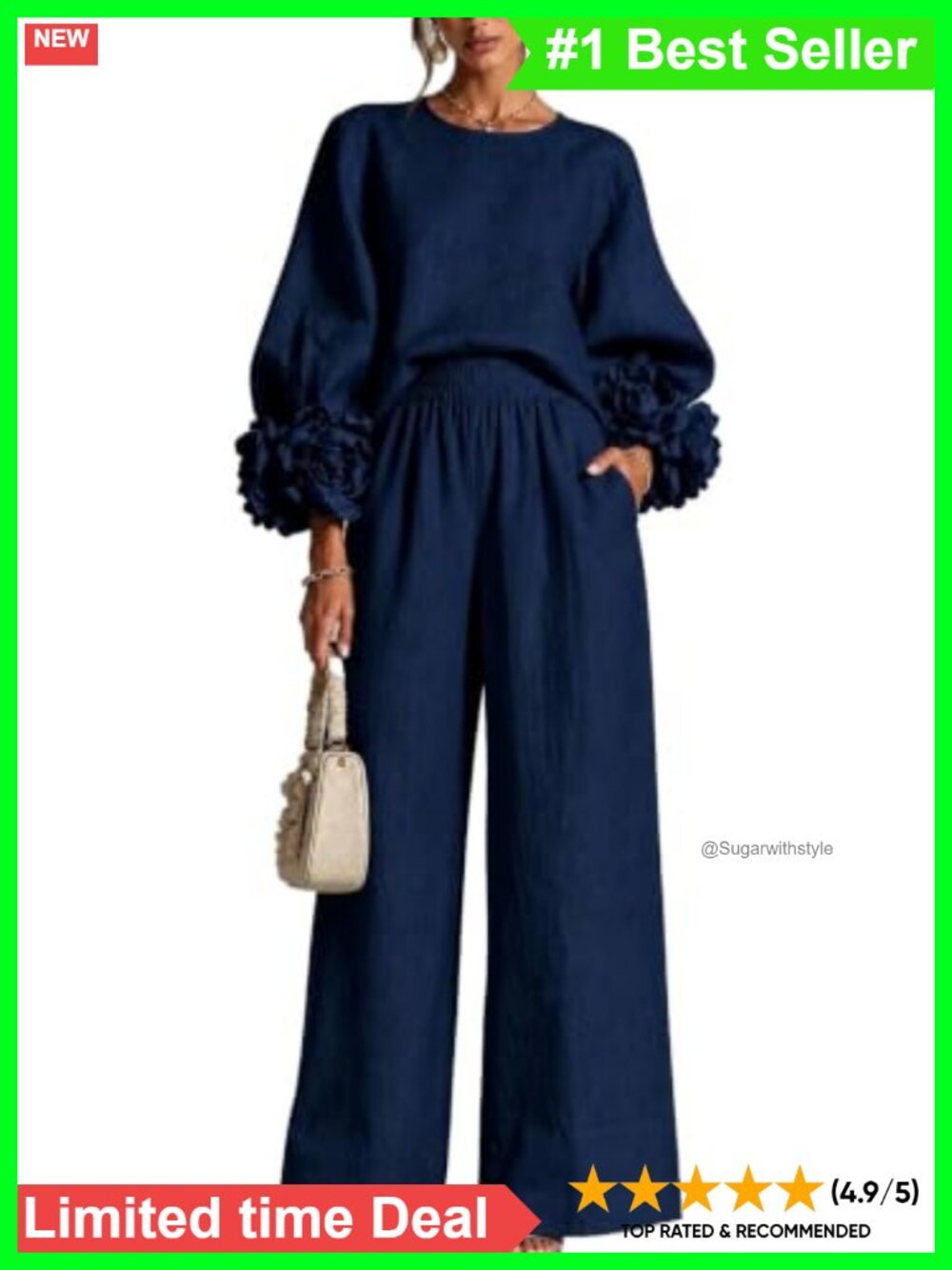 Women 2 Piece Set 3D Floral Balloon Sleeve Top & Wide Leg Pant Outfit